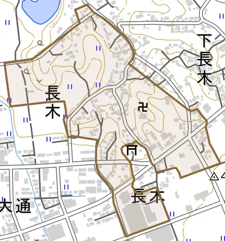 上長木とその周辺の地図。町の範囲を重ねている