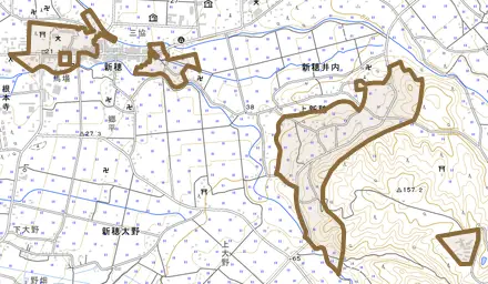 上新穂とその周辺の地図。町の範囲を重ねている
