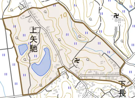 上矢馳とその周辺の地図。町の範囲を重ねている