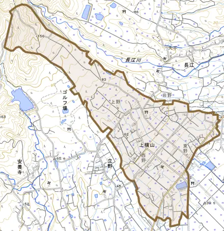 上横山とその周辺の地図。町の範囲を重ねている