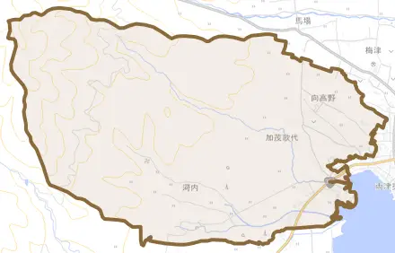 加茂歌代とその周辺の地図。町の範囲を重ねている