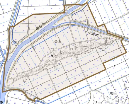 金丸とその周辺の地図。町の範囲を重ねている