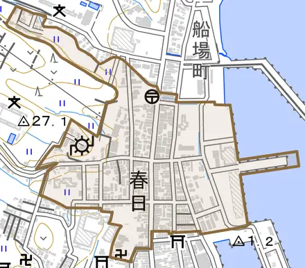 春日とその周辺の地図。町の範囲を重ねている