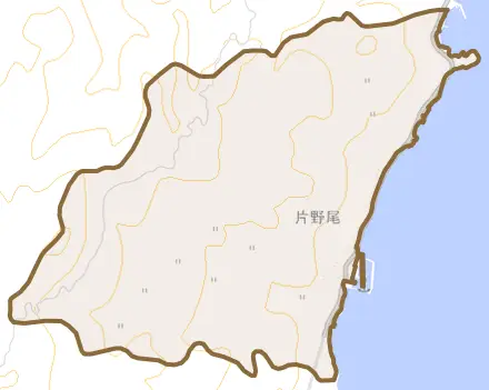 片野尾とその周辺の地図。町の範囲を重ねている