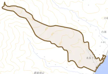 北五十里とその周辺の地図。町の範囲を重ねている