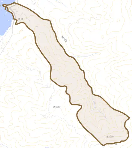 北片辺とその周辺の地図。町の範囲を重ねている