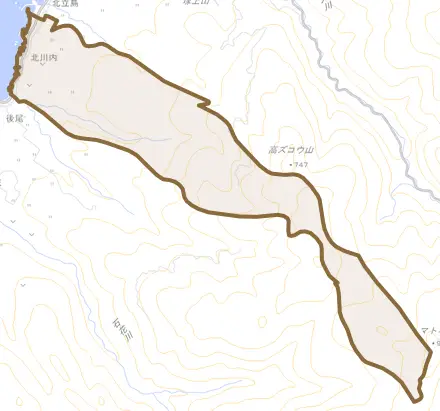北川内とその周辺の地図。町の範囲を重ねている
