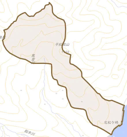 北松ケ崎とその周辺の地図。町の範囲を重ねている