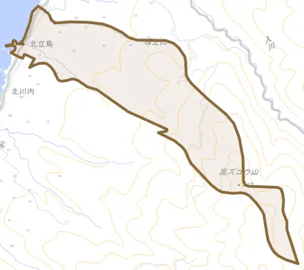 北立島とその周辺の地図。町の範囲を重ねている
