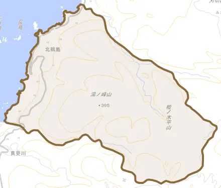 北鵜島とその周辺の地図。町の範囲を重ねている