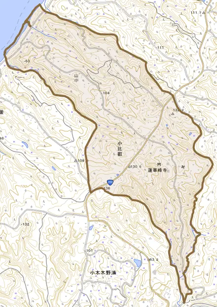 小比叡とその周辺の地図。町の範囲を重ねている