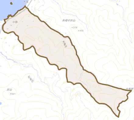 小田とその周辺の地図。町の範囲を重ねている