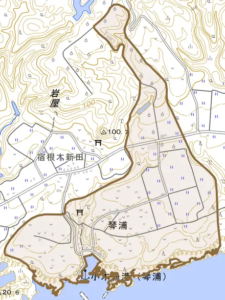 琴浦とその周辺の地図。町の範囲を重ねている