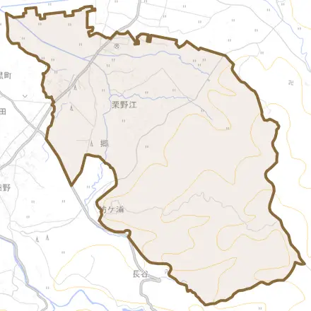 栗野江とその周辺の地図。町の範囲を重ねている