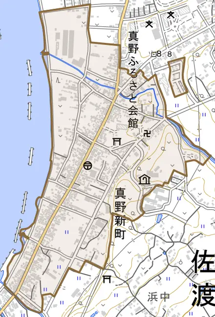 真野新町とその周辺の地図。町の範囲を重ねている