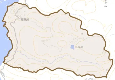 真更川とその周辺の地図。町の範囲を重ねている