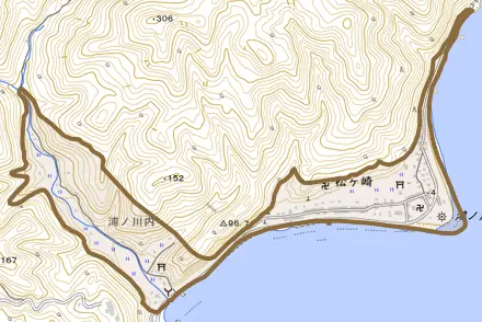 松ケ崎とその周辺の地図。町の範囲を重ねている