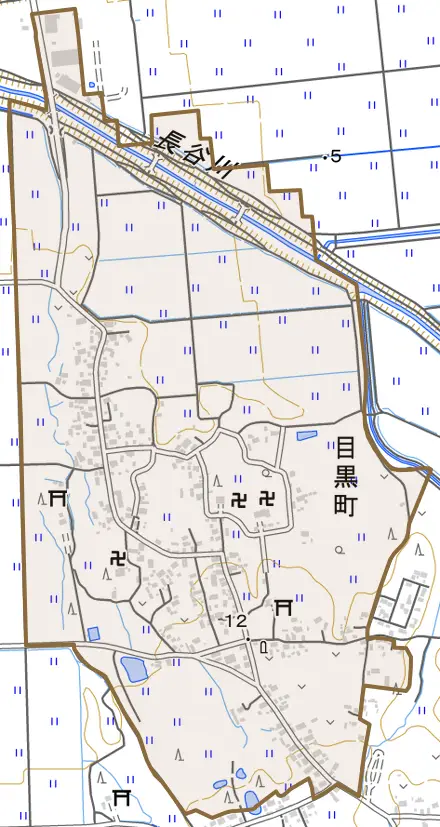 目黒町とその周辺の地図。町の範囲を重ねている