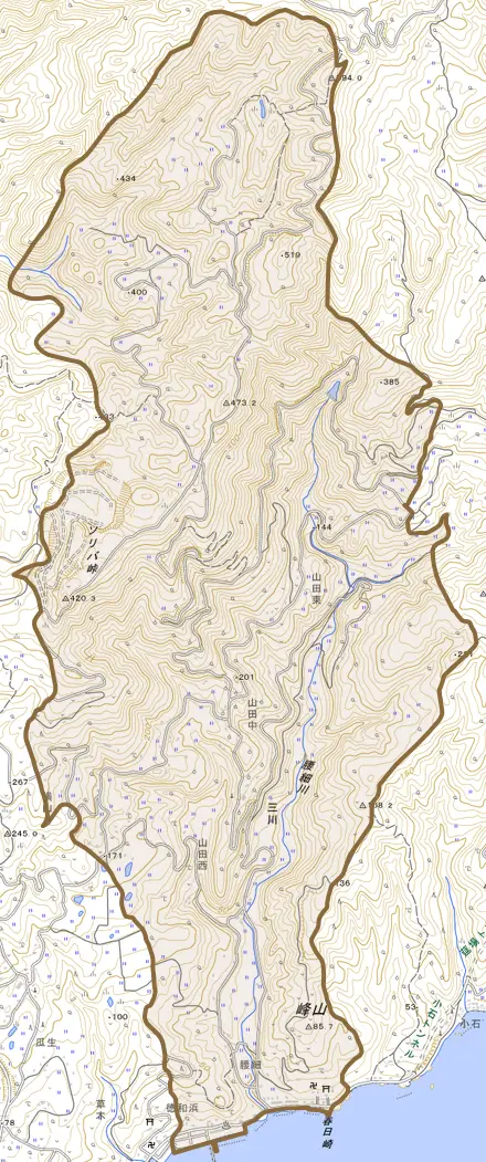 三川とその周辺の地図。町の範囲を重ねている