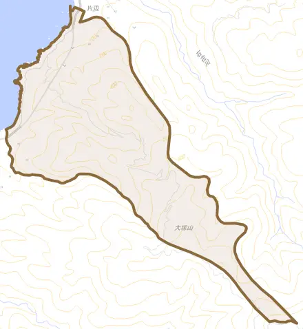 南片辺とその周辺の地図。町の範囲を重ねている