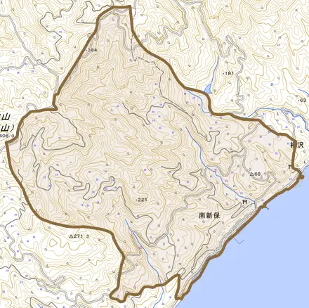南新保とその周辺の地図。町の範囲を重ねている