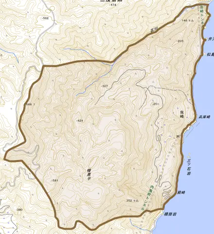 虫崎とその周辺の地図。町の範囲を重ねている