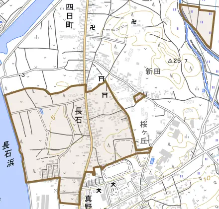 長石とその周辺の地図。町の範囲を重ねている