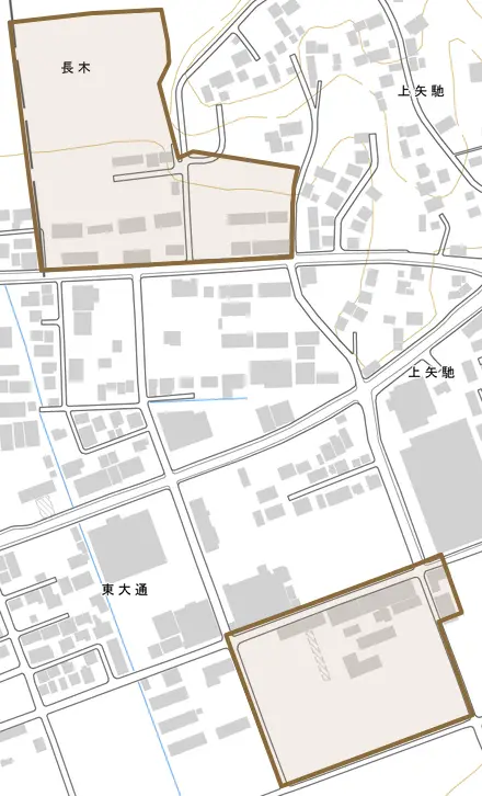 長木とその周辺の地図。町の範囲を重ねている