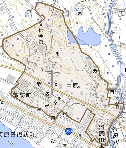 中原とその周辺の地図。町の範囲を重ねている