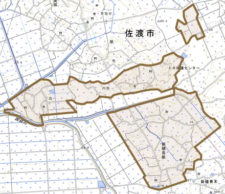 新穂長畝とその周辺の地図。町の範囲を重ねている