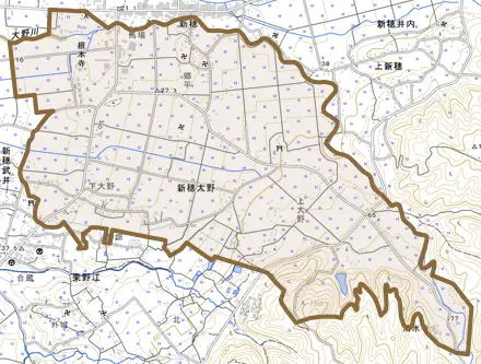 新穂大野とその周辺の地図。町の範囲を重ねている