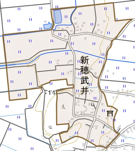 新穂武井とその周辺の地図。町の範囲を重ねている