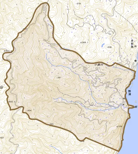 野浦とその周辺の地図。町の範囲を重ねている