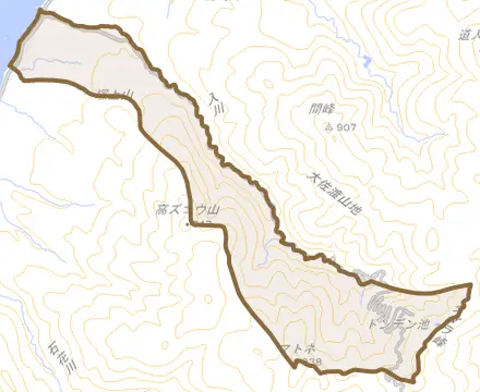 入川とその周辺の地図。町の範囲を重ねている