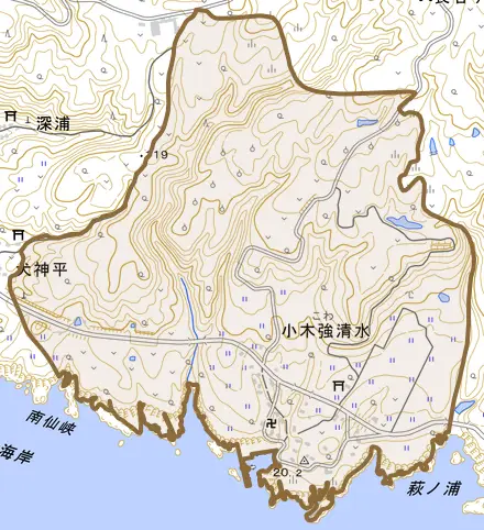 小木強清水とその周辺の地図。町の範囲を重ねている