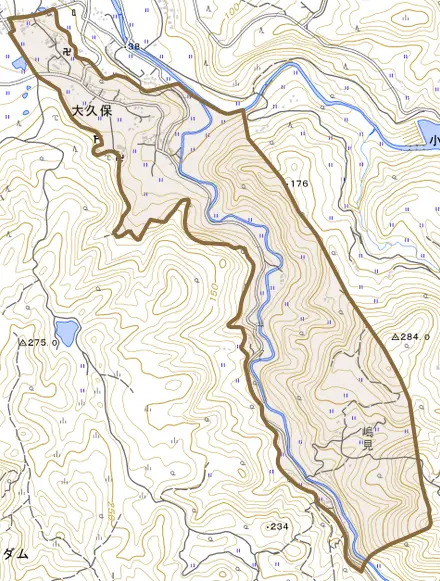 大久保とその周辺の地図。町の範囲を重ねている