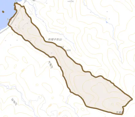 大倉とその周辺の地図。町の範囲を重ねている