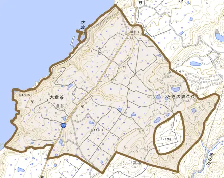 大倉谷とその周辺の地図。町の範囲を重ねている