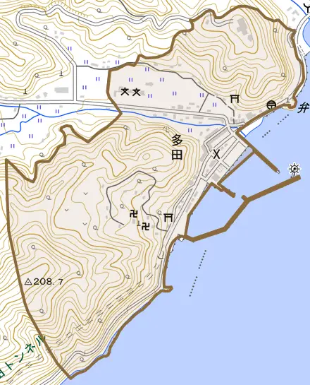 多田とその周辺の地図。町の範囲を重ねている