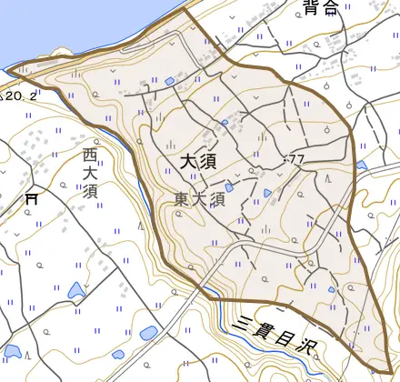 大須とその周辺の地図。町の範囲を重ねている