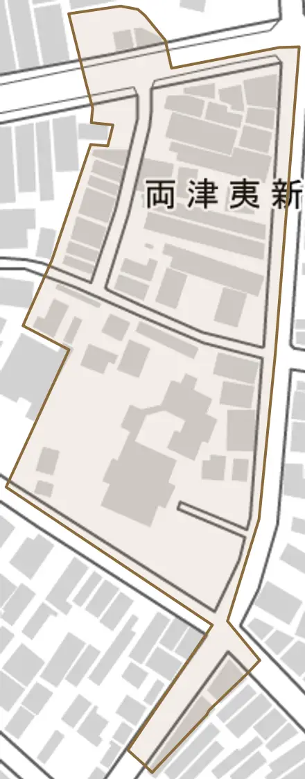 両津夷新とその周辺の地図。町の範囲を重ねている