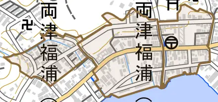 両津福浦とその周辺の地図。町の範囲を重ねている