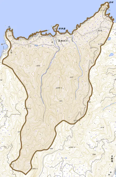 両津大川とその周辺の地図。町の範囲を重ねている