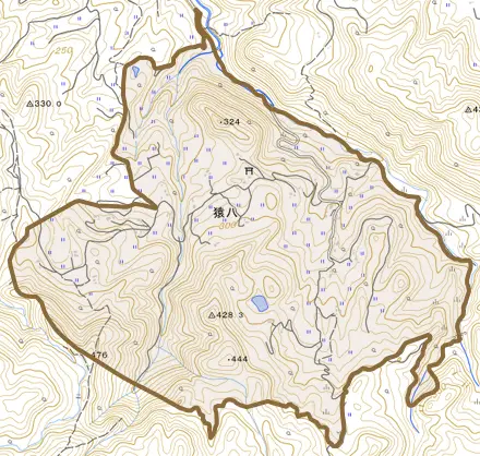猿八とその周辺の地図。町の範囲を重ねている