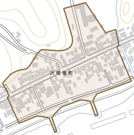 沢根篭町とその周辺の地図。町の範囲を重ねている
