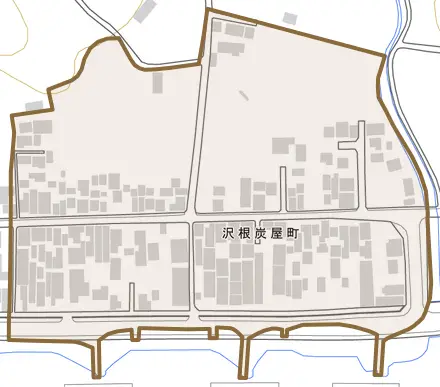 沢根炭屋町とその周辺の地図。町の範囲を重ねている