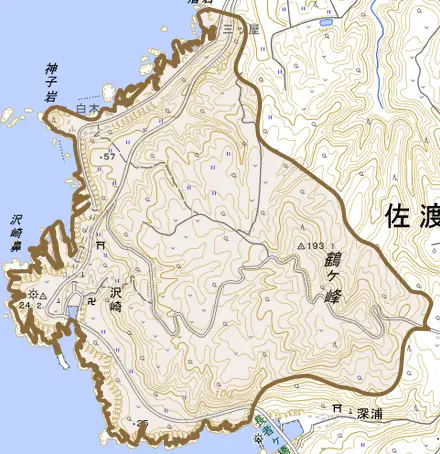 沢崎とその周辺の地図。町の範囲を重ねている