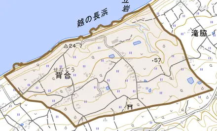 背合とその周辺の地図。町の範囲を重ねている