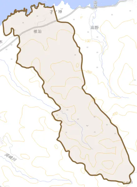 椎泊とその周辺の地図。町の範囲を重ねている