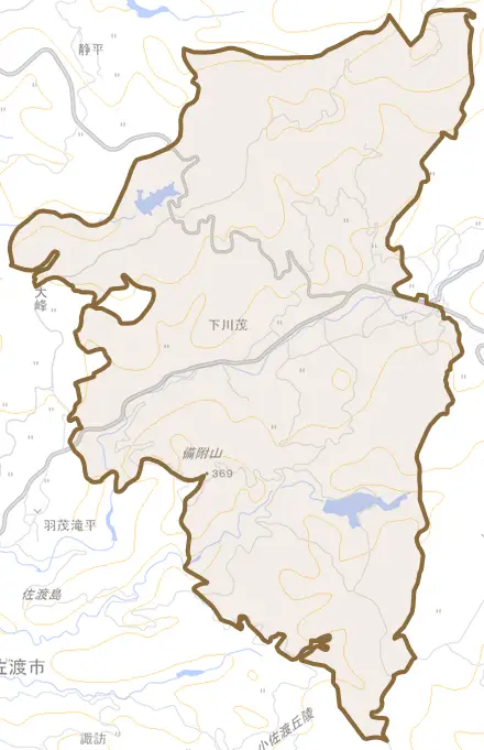 下川茂とその周辺の地図。町の範囲を重ねている